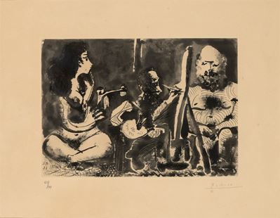 Peintre Au Travail Avec Modele Barbu Et Une Spectatrice Assise En Tailleur