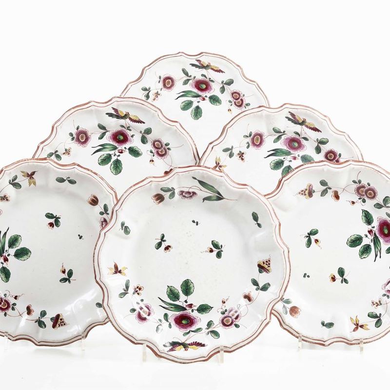 Sei piatti Italia centrale alla maniera di Finck, XX secolo.   - Auction Ceramics - Cambi Casa d'Aste