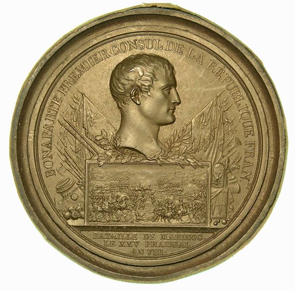 NAPOLEONE I, 1805-1814. Placchetta uniface (Galvano) in bronzo. Battaglia di Marengo, Anno VIII (1800).
