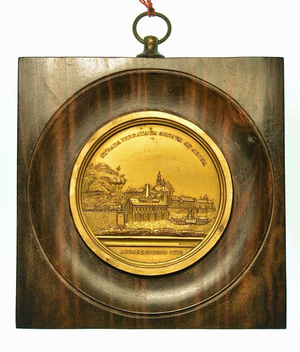 GENOVA. VITTORIO EMANUELE II DI SAVOIA, 1849-1861. Placchetta uniface in bronzo dorato 1853. Per l'inaugurazione della strada ferrata Genova - Arona.
