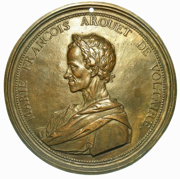 FRANCIA. VOLTAIRE (FRANCOIS-MARIE AROUET),1694-1778. Placca in bronzo uniface di grande diametro.