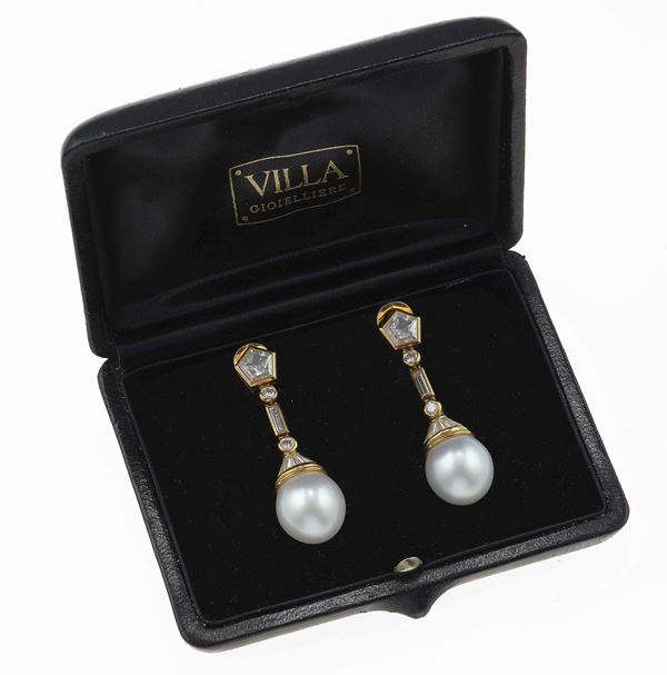 Pair of cultured pearl and diamond earrings. Signed Villa, fitted case