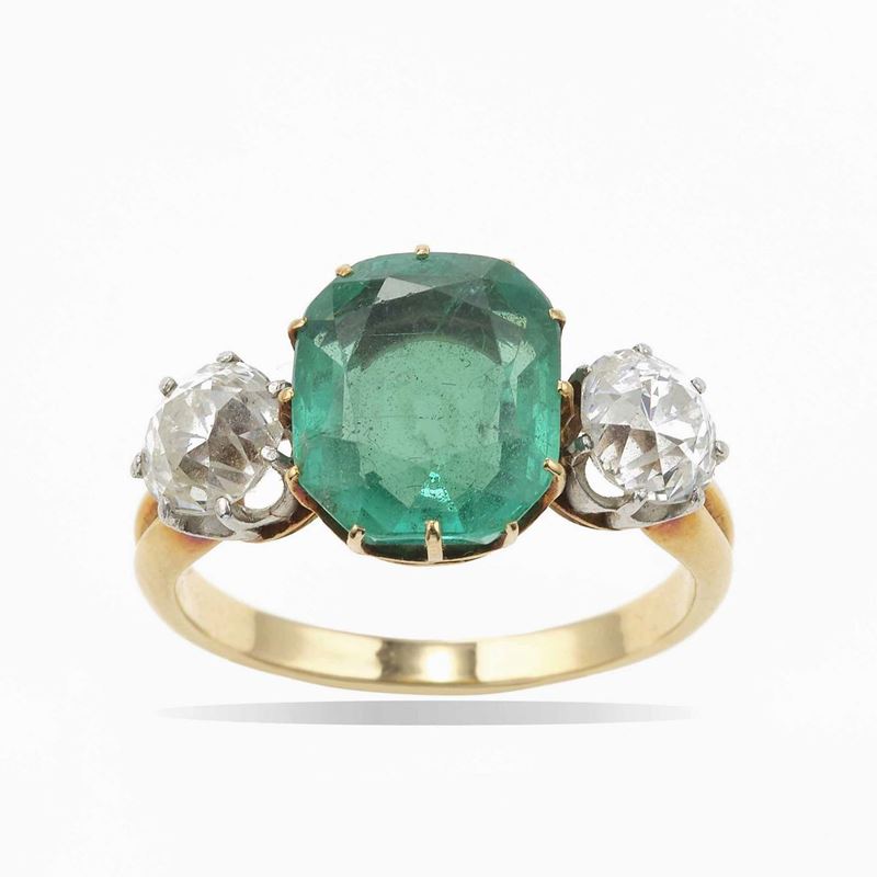 Anello con smeraldo Colombia di ct 2.90 circa e diamanti di vecchio taglio  - Asta Fine Jewels - Cambi Casa d'Aste