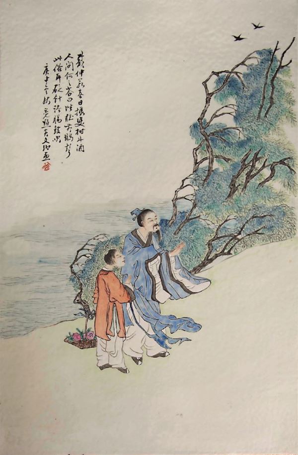 Placca in porcellana a smalti policromi raffigurante saggio e fanciullo entro paesaggio con iscrizione, Cina, Dinastia Qing, XIX secolo