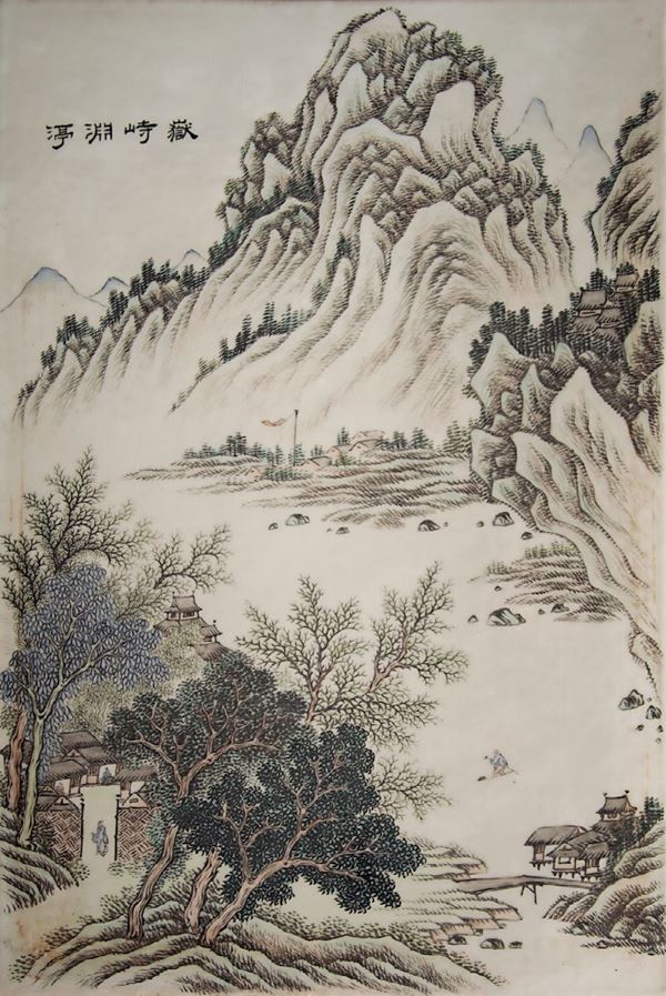 Placca in porcellana a smalti policromi raffigurante paesaggio con montagne e villaggio, Cina, Dinastia Qing, XIX secolo