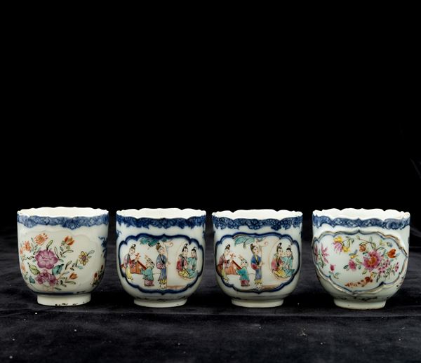 Quattro tazzine in porcellana con decori entro riserve, Cina, Dinastia Qing, XIX secolo