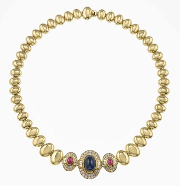 Sapphire, ruby, diamond and gold necklace