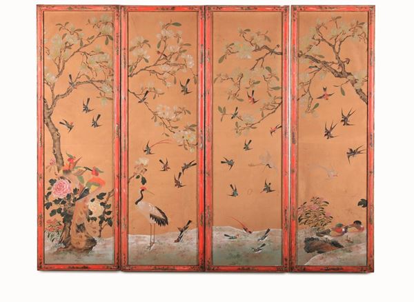 Quattro pannelli dipinti con motivi a "chinoiserie". Piemonte XVIII secolo