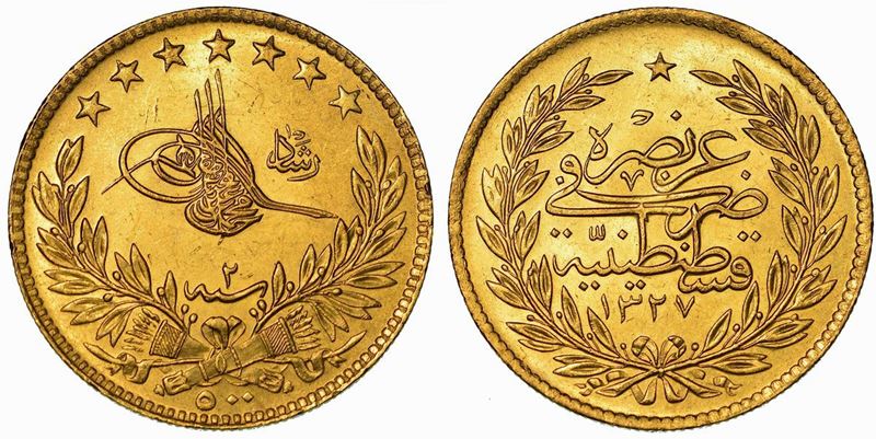 TURCHIA. MOHAMMED V, 1909-1918. 500 Piastres 1327 (1909).  - Auction Numismatics - Cambi Casa d'Aste