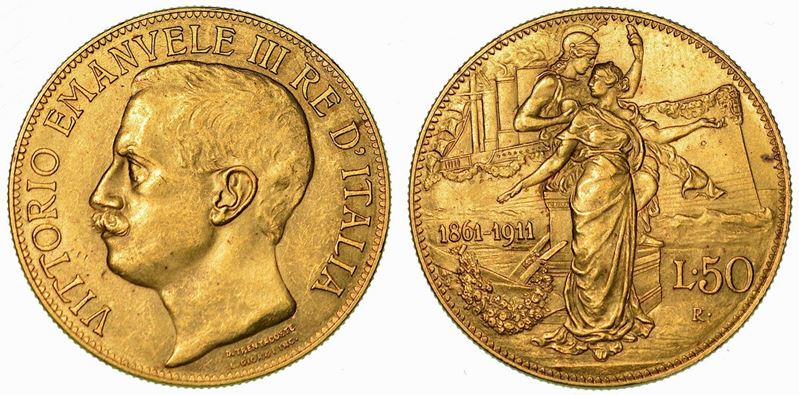 REGNO D'ITALIA. VITTORIO EMANUELE III DI SAVOIA, 1900-1946. 50 lire 1911. Cinquantenario.  - Auction Numismatics - Cambi Casa d'Aste