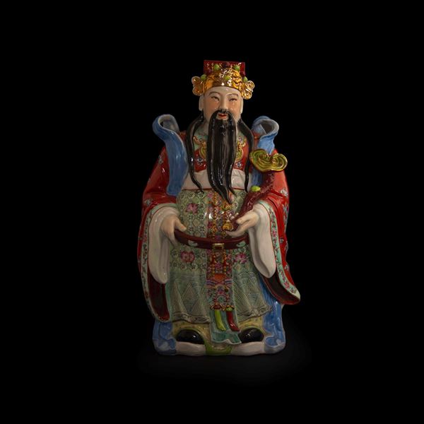 Grande figura di saggio in porcellana a smalti policromi, Cina, Repubblica, XX secolo