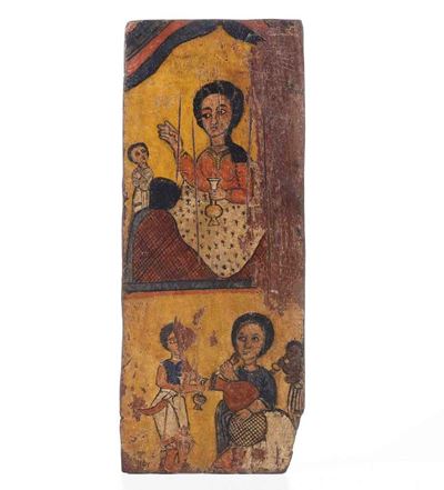 Piccolo Pannello Ligneo Dipinto con la Scena del Cristo Benedicente con Altre Figure. Arte Copta,...