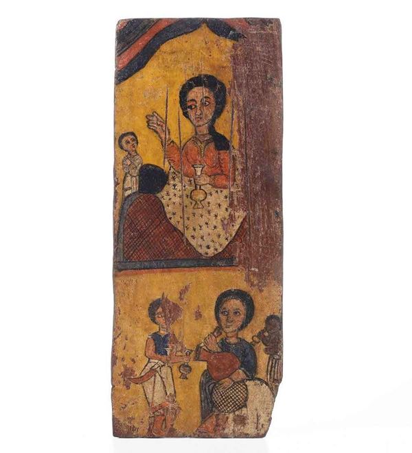 Piccolo pannello ligneo dipinto con la scena del Cristo benedicente con altre figure. Arte Copta, XVIII secolo
