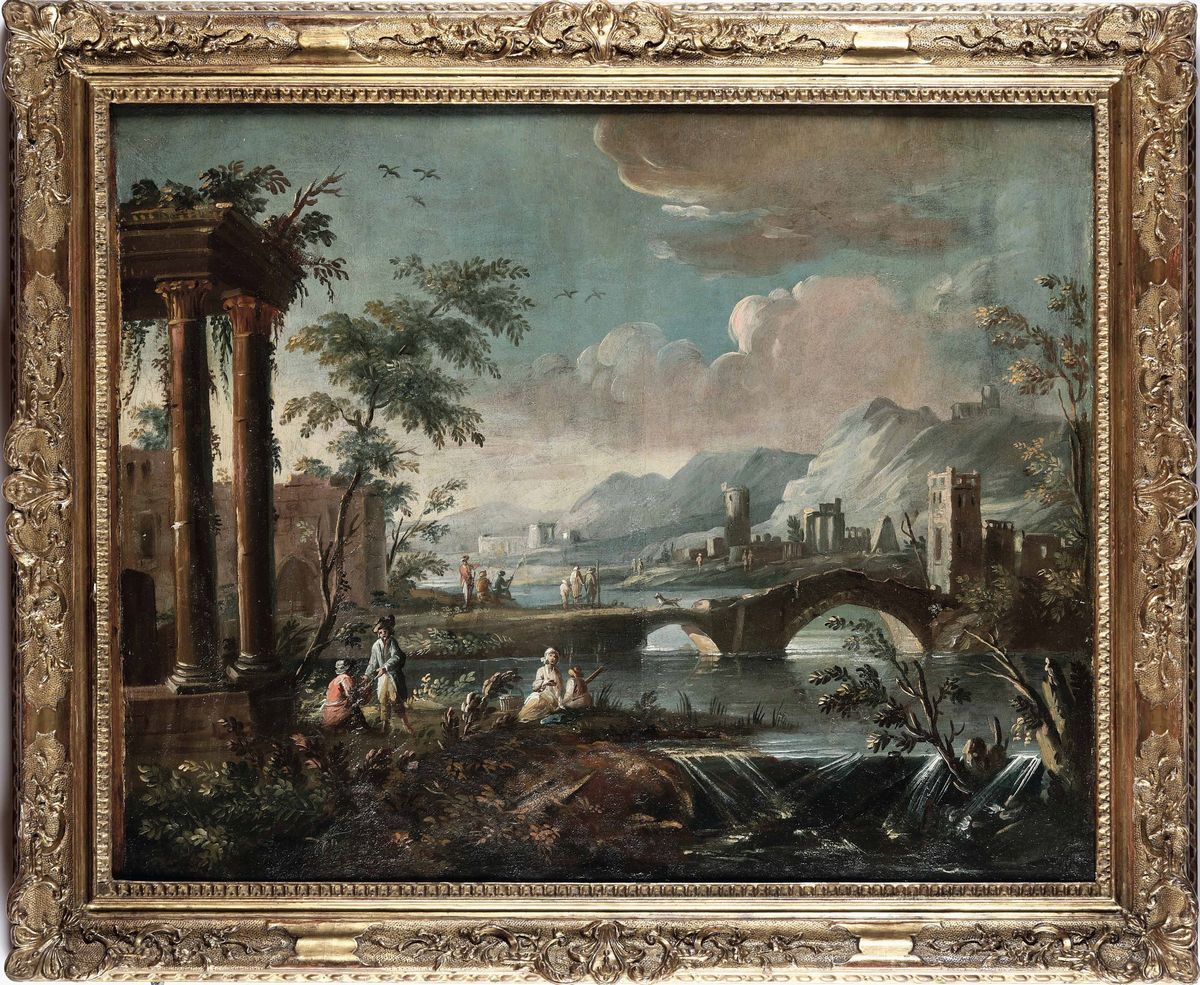 Scuola Veneta del XVIII Secolo Paesaggi con Viandanti e Architetture