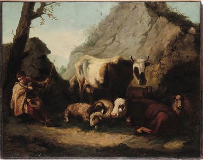Paesaggio con pastore e armenti, olio su tela