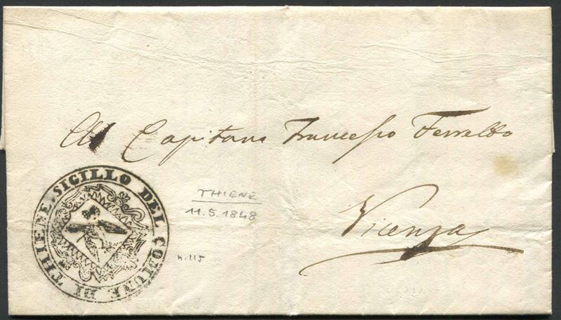 1848, lettera completa da Thiene per Vicenza dell'11 maggio  - Auction Postal History and Philately - Cambi Casa d'Aste
