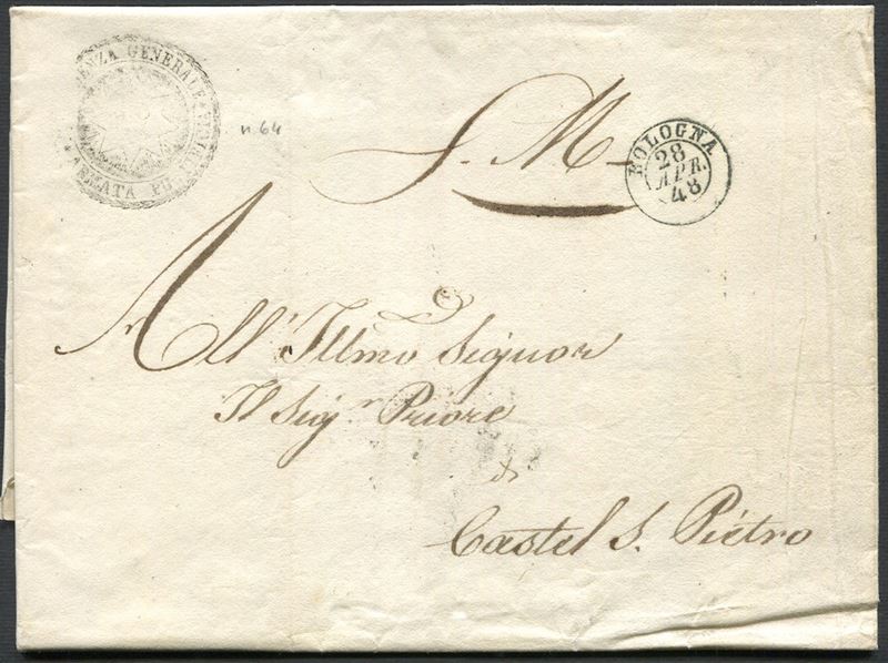 1848, lettera completa da Bologna per Castel San Pietro del 28 aprile  - Asta Storia Postale e Filatelia - Cambi Casa d'Aste