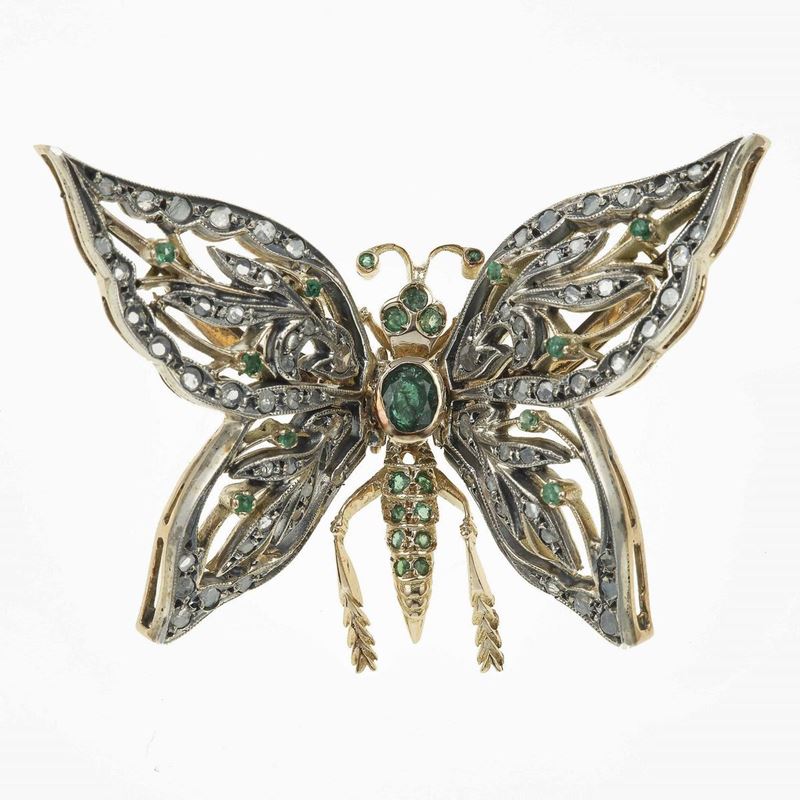 Spilla "farfalla" con smeraldi e diamanti  - Asta Fine Jewels - Cambi Casa d'Aste