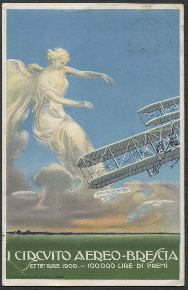 1909, Brescia, "I Circuito Aereo Internazionale", cartolina ufficiale policroma