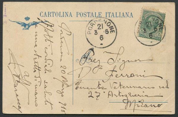 1915, Cartolina "Battaglione Aviatori" da Pordenone per Milano del 21 marzo 1915