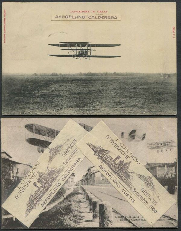 1909, Brescia, I Circuito Aereo Internazionale, due cartoline:
