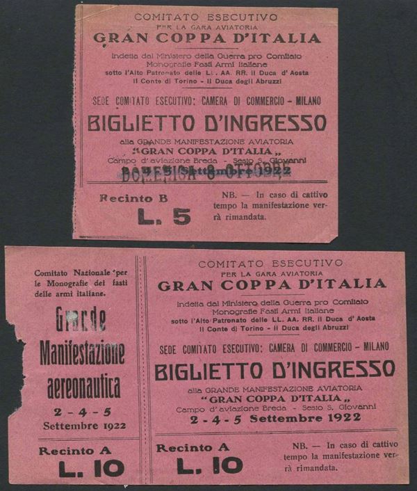 1922, Milano, Gran Coppa d'Italia per aeroplani, due biglietti d'ingresso