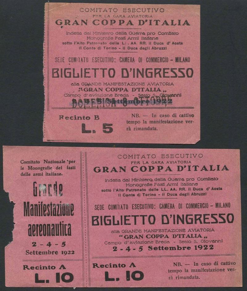 1922, Milano, Gran Coppa d'Italia per aeroplani, due biglietti d'ingresso  - Auction Philately and Postal History - Cambi Casa d'Aste