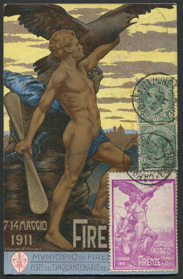 1911, Firenze, Gare di Aviazione (7/14 maggio), cartolina policroma di Ceccanti e Mancini