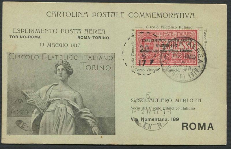 1917, Sei cartoline postali recanti il primo francobollo di posta aerea (S. 1)  - Asta Filatelia e Storia Postale - Cambi Casa d'Aste