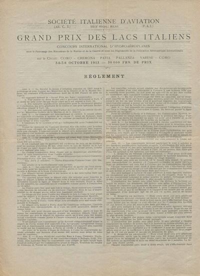 1913, Circuito dei Laghi Italiani, Regolamento e Modulo di Iscrizione in Lingua Francese di 4 Pag...