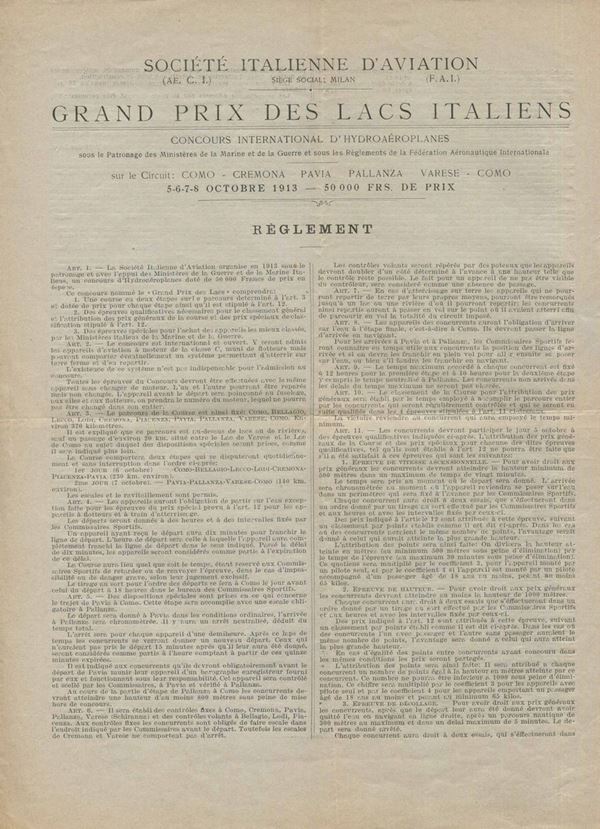 1913, Circuito dei Laghi Italiani, Regolamento e modulo di iscrizione in lingua francese di 4 pagine