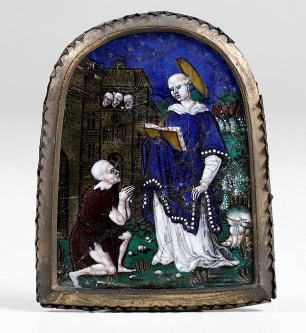 S. Leonard de Noblac e un prigioniero. Placca in rame e smalti policromi. Limoges XVI-XVII secolo