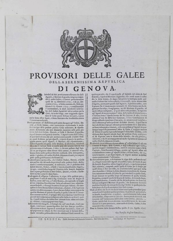 Bandi genovesi a stampa. Provisori del vino, Genova, Casamara, 1736 / Provisori delle galee, Genova, 1721 / Magistrato dei censori, Genova, 1765.