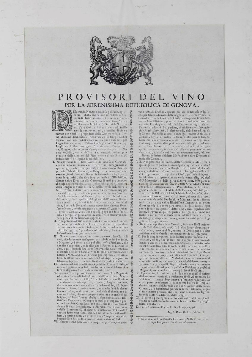 Bandi Genovesi a Stampa. Provisori del Vino, Genova, Casamara, 1736 / Provisori delle Galee, Geno...