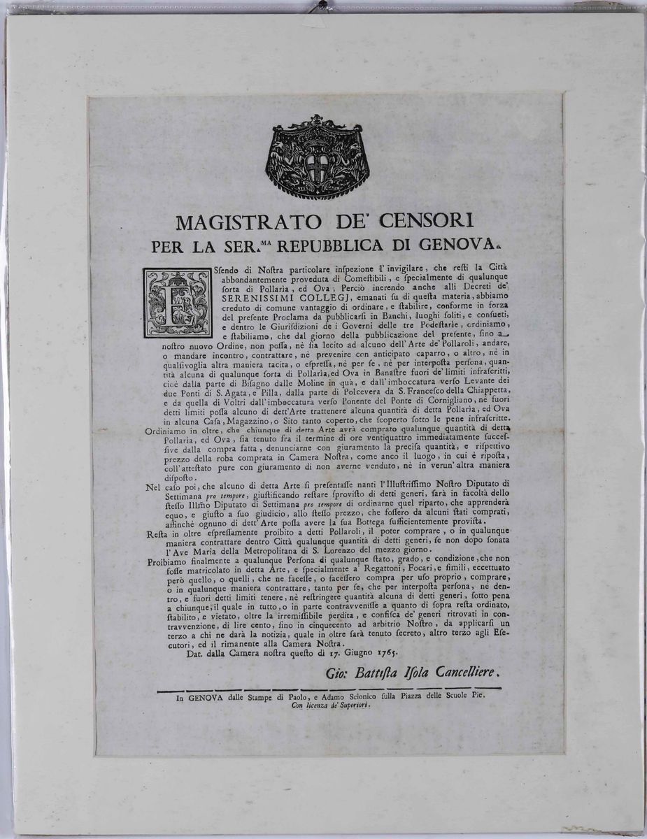 Bandi Genovesi a Stampa. Provisori del Vino, Genova, Casamara, 1736 / Provisori delle Galee, Geno...