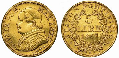 Stato Pontificio. Pio IX, 1846-1878. 5 Lire 1867/a. XXII.