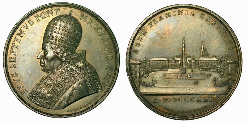 STATO PONTIFICIO. PIO VII, 1800-1823. SISTEMAZIONE DI PIAZZA DEL POPOLO. Medaglia in bronzo 1823.  - Asta Numismatica - Cambi Casa d'Aste