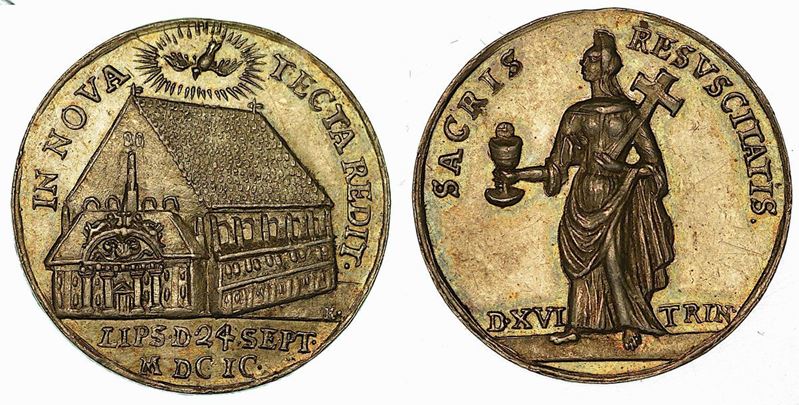 GERMANIA - LIPSIA. FRIEDRICH AUGUST I, 1694-1733. Medaglia d'argento 1699. Per ristrutturazione della Chiesa Nuova.  - Asta Numismatica - Cambi Casa d'Aste