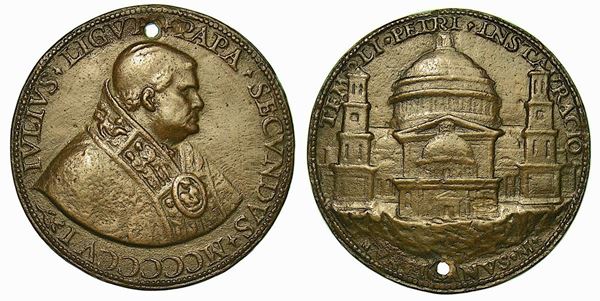STATO PONTIFICIO. GIULIO II, 1503-1513. Medaglia in bronzo 1506. Per la posa della prima pietra per la costruzione della nuova basilica vaticana, avvenuta il 18 aprile 1506.