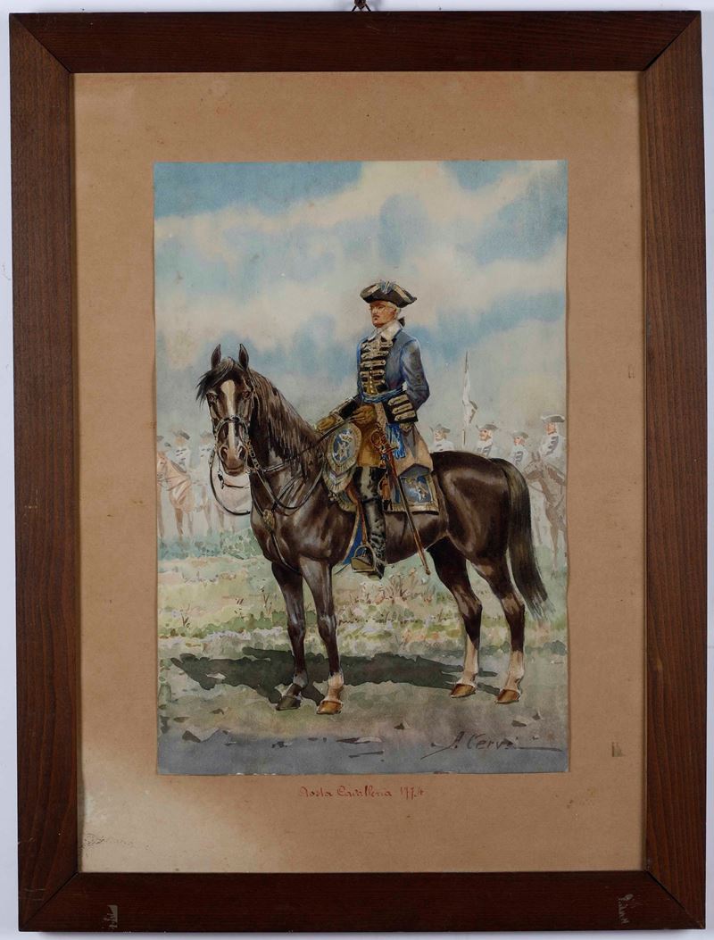 Cavaliere a cavallo, acquerello firmato Cervi  - Asta Dipinti del XIX-XX secolo - Cambi Casa d'Aste