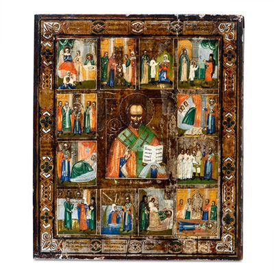 San Nicola di Myrra e Scene della Vita del Vescovo. Icona a Tempera su Tavola. Scuola Russa del X...