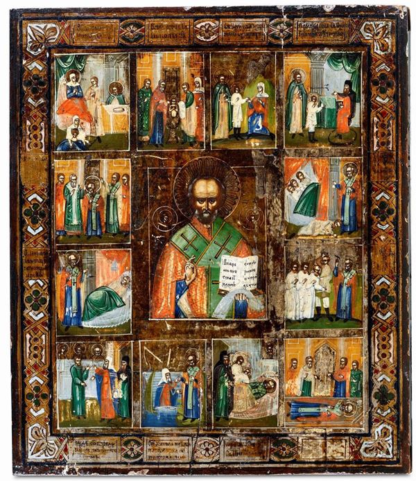 San Nicola di Myrra e scene della vita del vescovo. Icona a tempera su tavola. Scuola russa del XVIII-XIX secolo