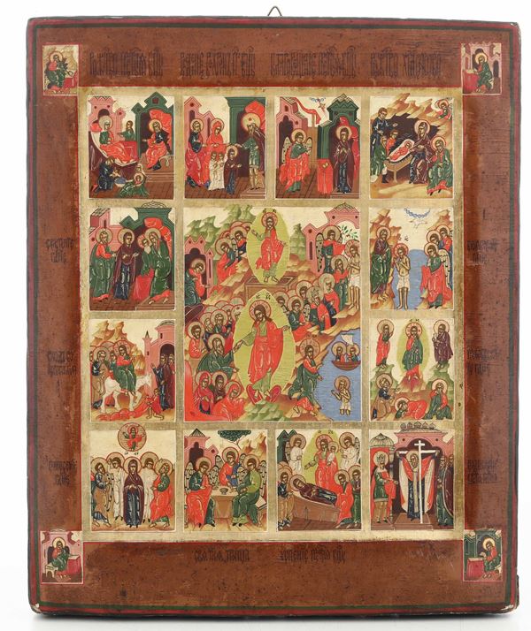 Icona a tempera su tavola raffigurante la Resurrezione di Cristo e scene della santa tradizione cristiana. Russia XVIII-XIX secolo