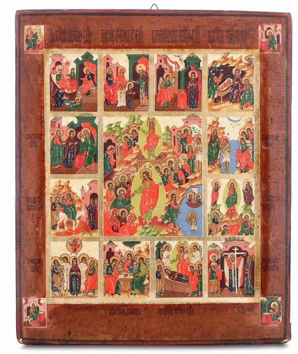 Icona a tempera su tavola raffigurante la Resurrezione di Cristo e scene della santa tradizione cristiana. Russia XVIII-XIX secolo