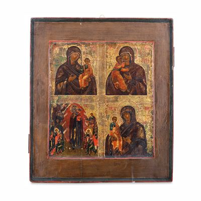 Icona Quadripartita a Tempera su Tavola Raffigurante la Panagia Odigitria, Panagia Eleusa, la Dei...