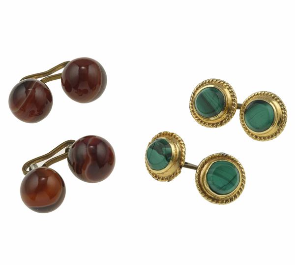 Two pair of agate, malachite and gold cufflinks