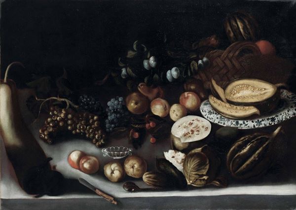 Scuola del XVII secolo Natura morta con composizione di frutta e cesta in vimini