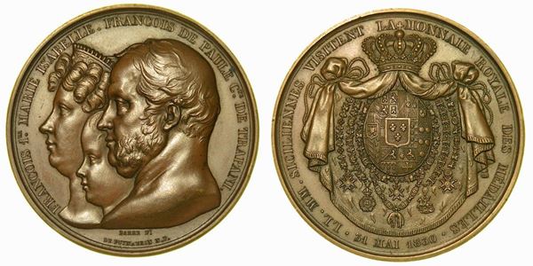 FRANCESCO I DI BORBONE, 1825-1830. VISITA DEI REALI BORBONICI A PARIGI. Medaglia in bronzo 1830. Parigi.