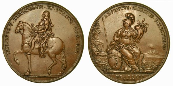 NAPOLI. FILIPPO V DI BORBONE, 1700-1707. VISITA DEL SOVRANO A NAPOLI. Medaglia in bronzo 1702.