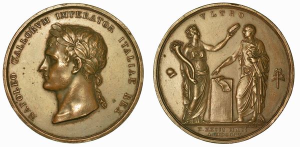 INCORONAZIONE A MILANO DI NAPOLEONE COME RE D'ITALIA. Medaglia in bronzo 1805.